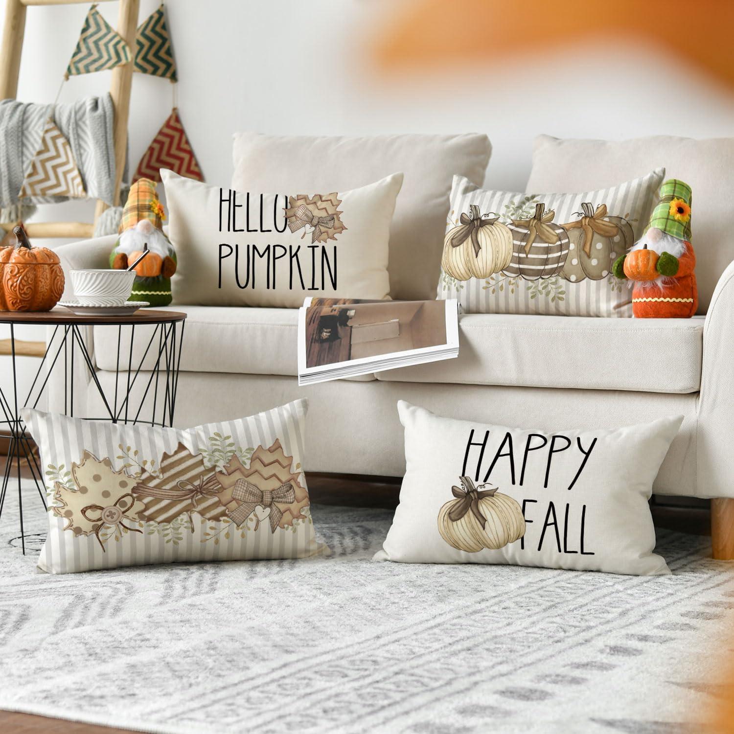Herbst Kürbisse Streifen Ahornblätter Kissenbezüge 4er Set 30x50 cm Braun