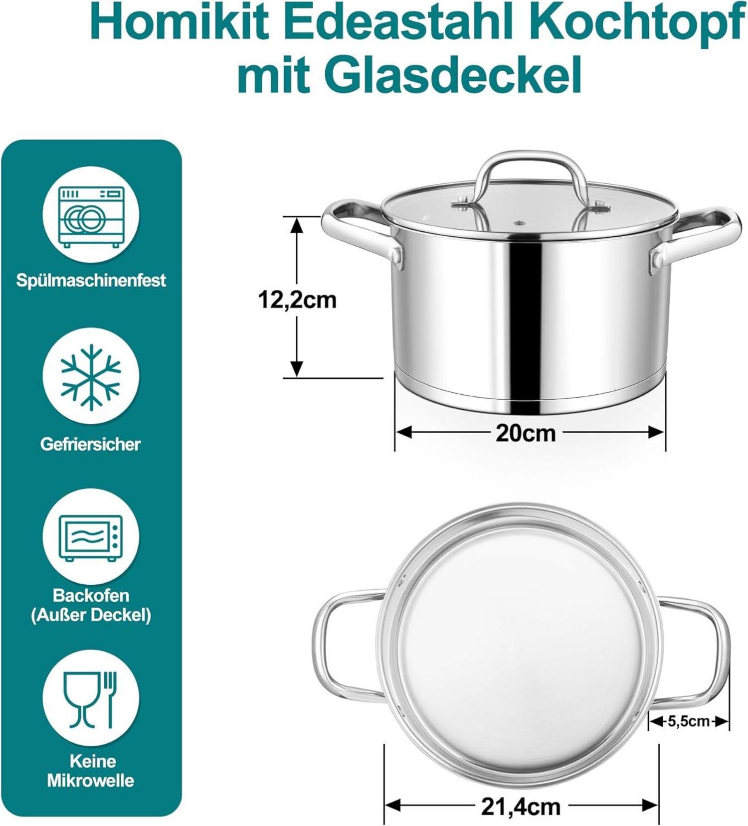Homikit 20cm Kochtopf, 3,8L Edeastahl Nudeltopf Induktion