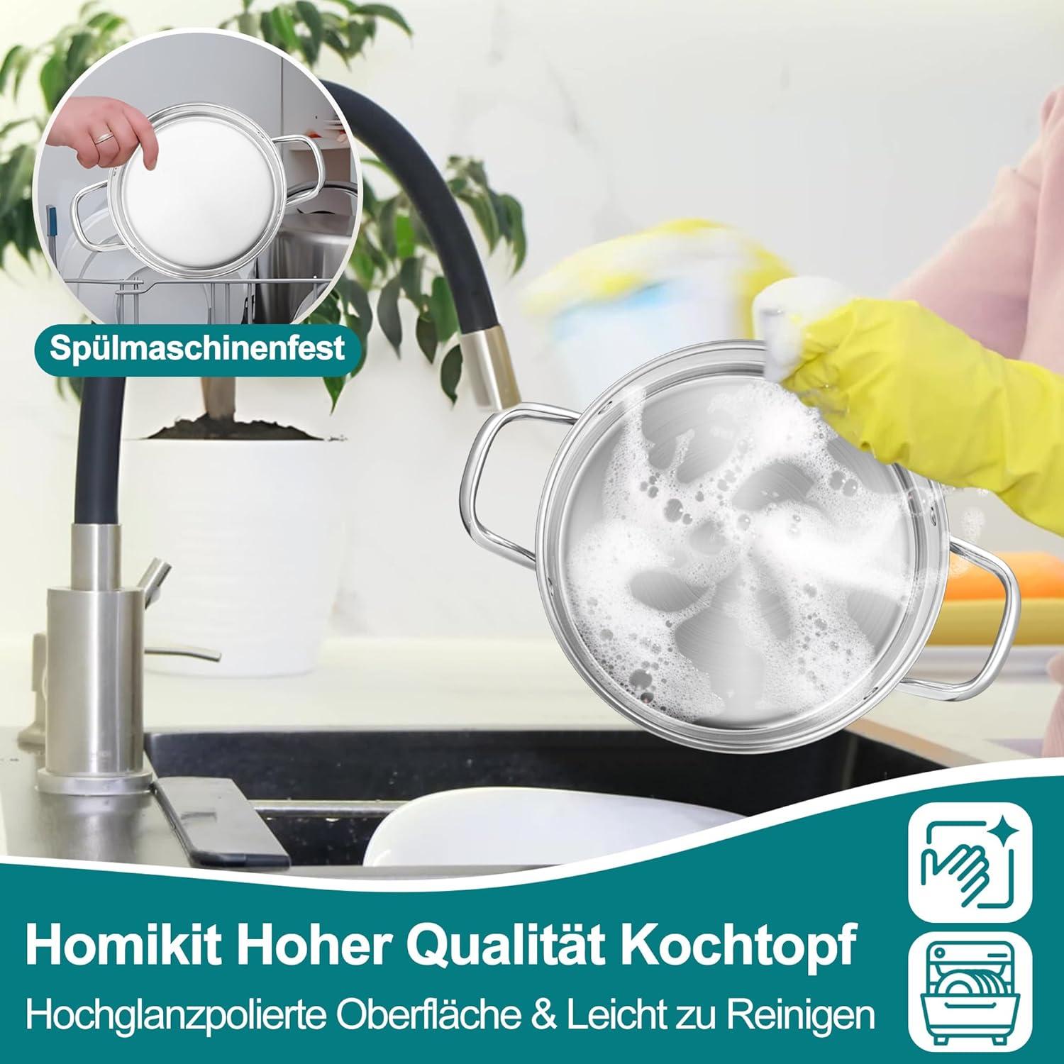 Kochtopf 20cm Edelstahl Nudeltopf mit Glasdeckel 3,8L 3-Lagen Böden