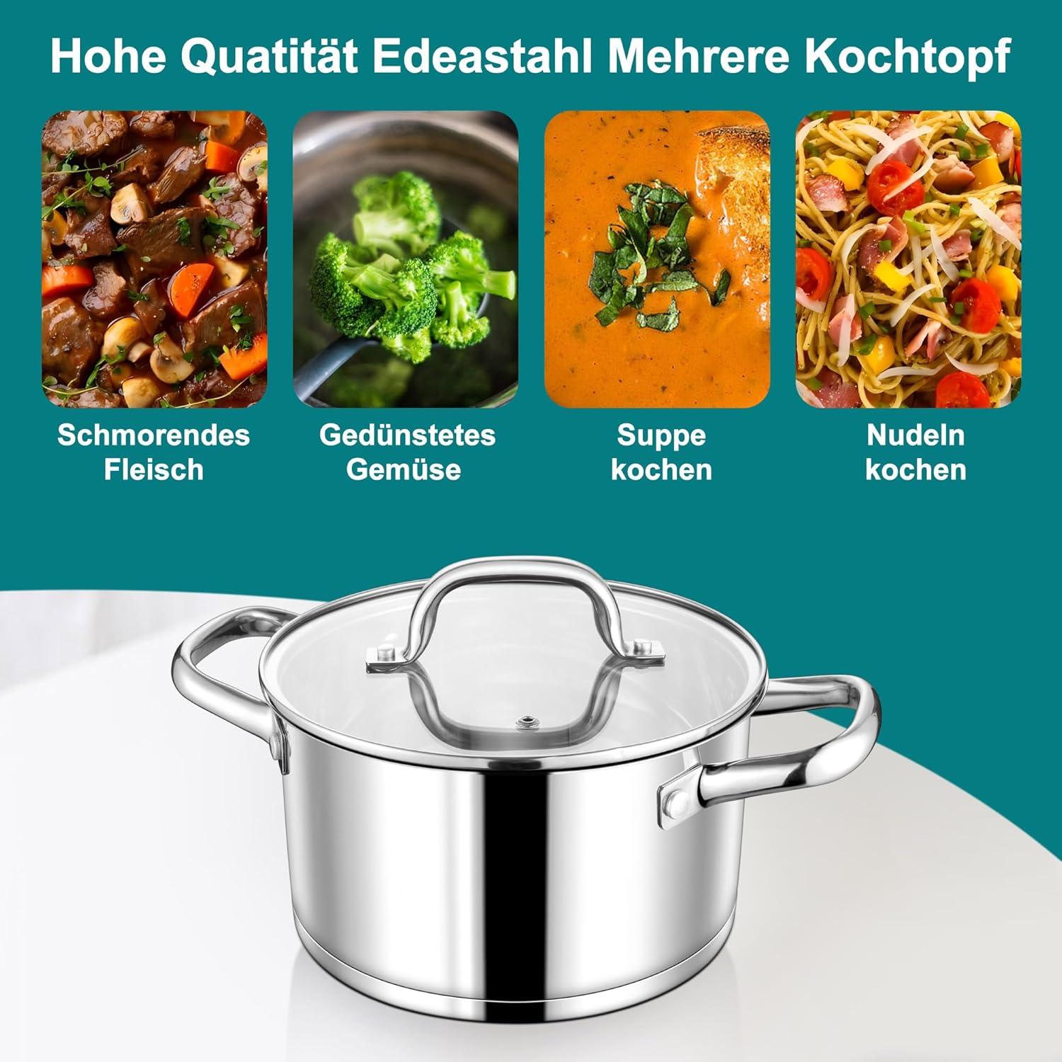 Homikit 20cm Kochtopf Edelstahl Induktion Glasdeckel 3,8L