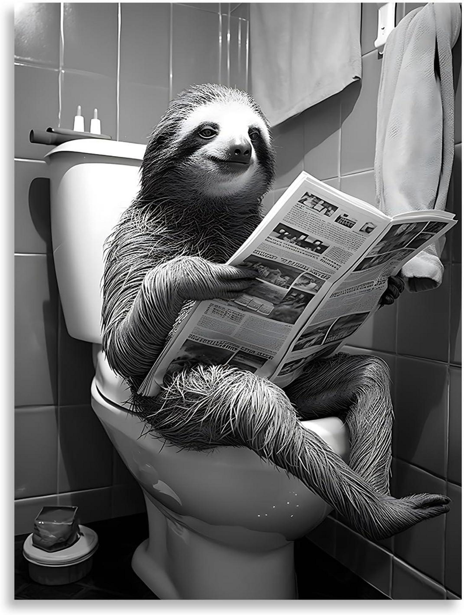 Lustiges Faultier Leinwandbild Toiletten-Deko Schwarz-Weiß 12x16