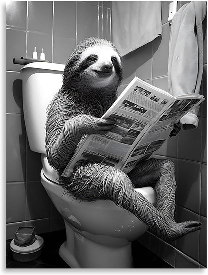 Lustiges Faultier Leinwandbild Toiletten-Deko Schwarz-Weiß 12x16