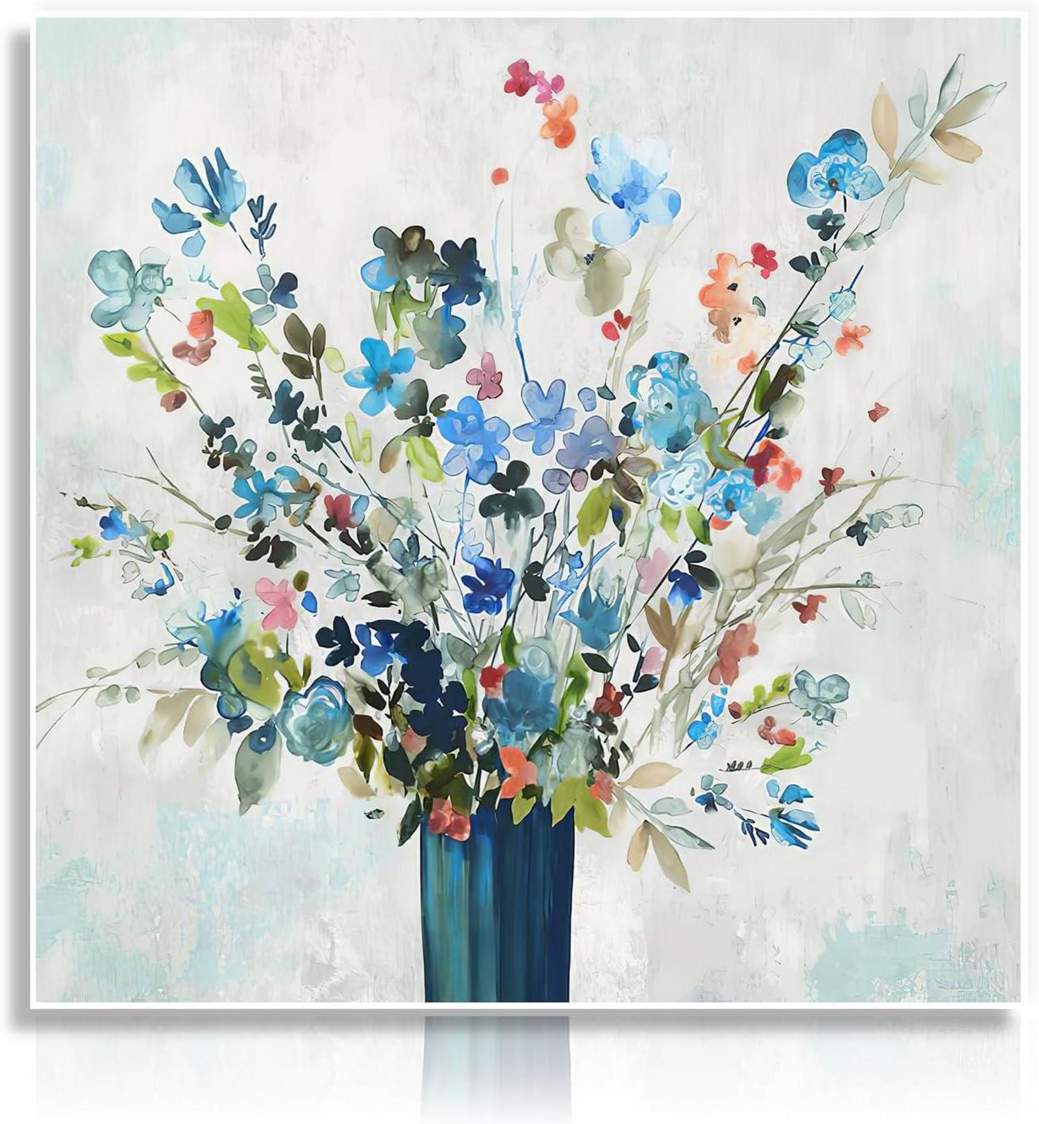 Aquarell Blume Leinwandbild blaue Blume Vase Malerei Wandposter 16x16