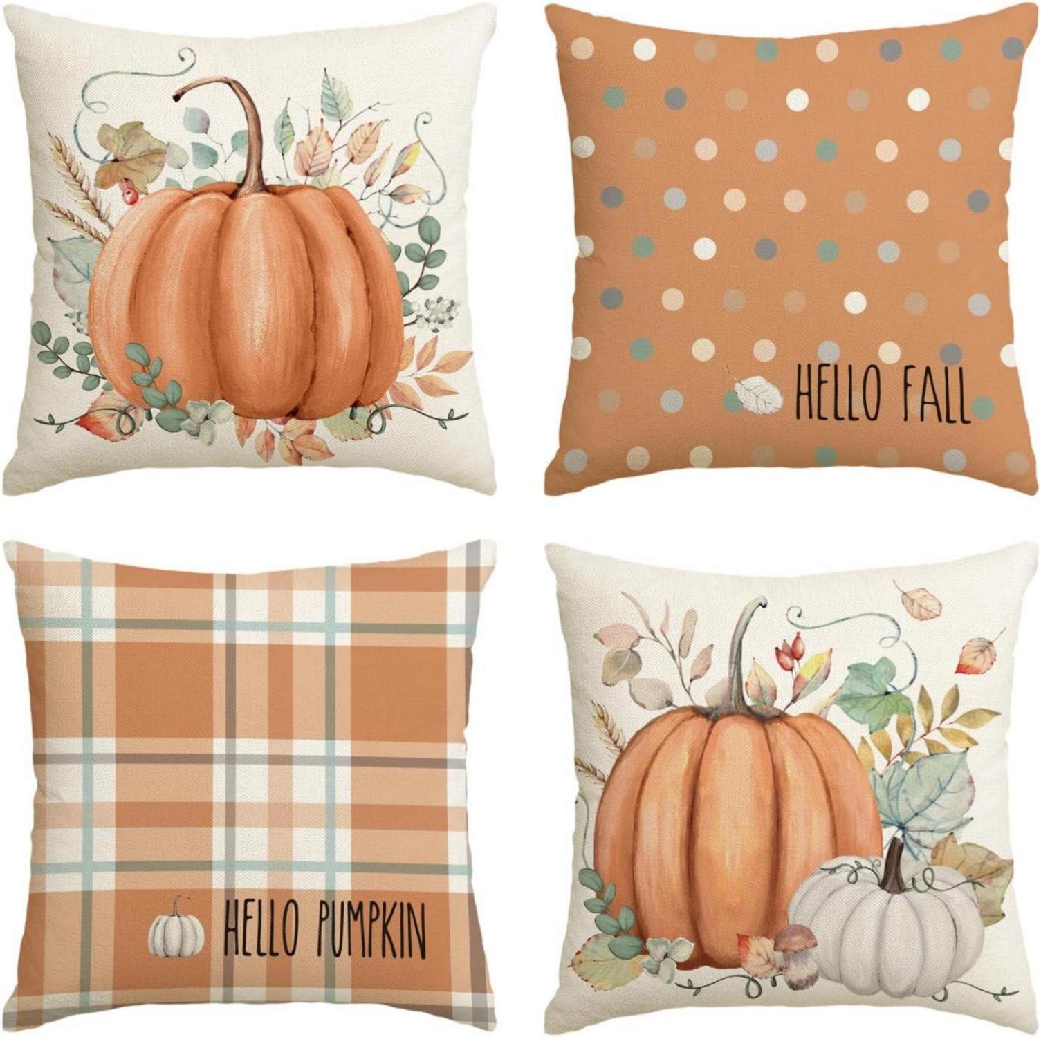 Herbst Kissenbezug Set Eukalyptus Orange Streifen 50x50 cm - 4er Pack