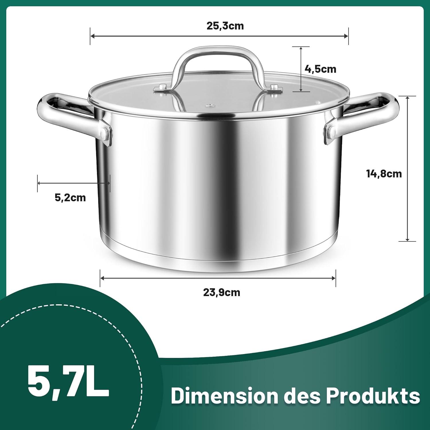 TEAMFAR Kochtopf 24cm 5,7L Edelstahl Induktion 3-Lagen Boden