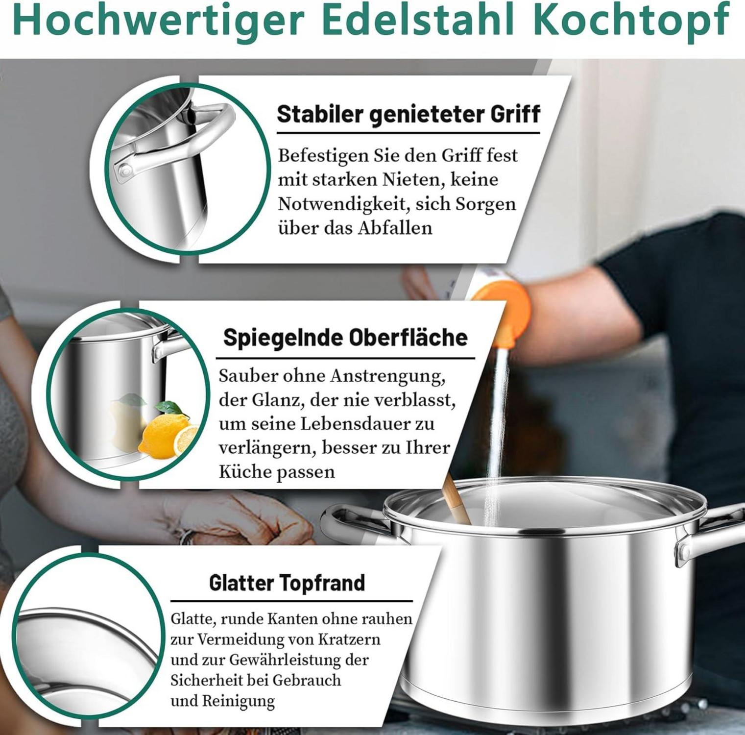 TEAMFAR Kochtopf 24cm 5,7L Edelstahl Nudeltopf Induktion 3-Lagen Boden Mit Glasdeckel