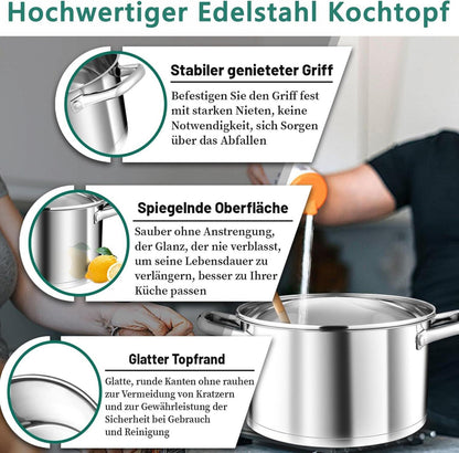 TEAMFAR Kochtopf 24cm 5,7L Edelstahl Nudeltopf Induktion 3-Lagen Boden Mit Glasdeckel