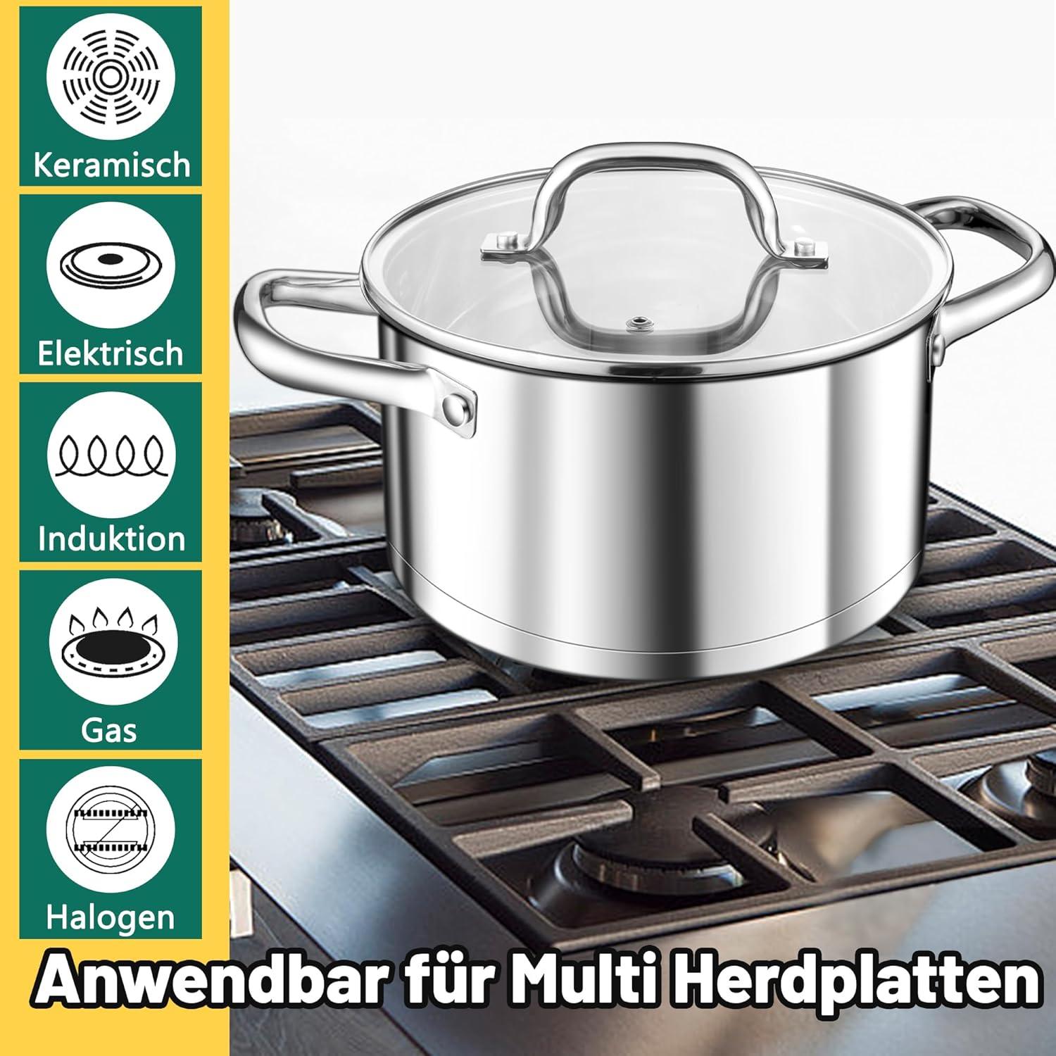 Großer Induktions-Kochtopf 24cm 5,7L Edelstahl mit Glasdeckel