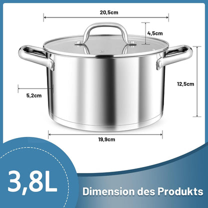 TEAMFAR 20cm Kochtopf Edelstahl mit Glasdeckel 3,8L für alle