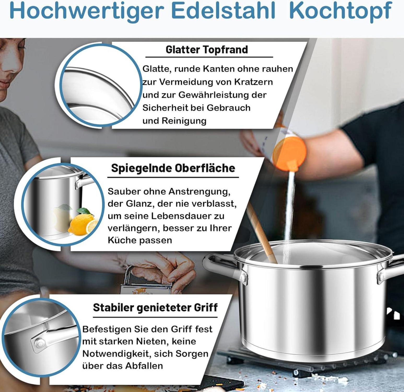 TEAMFAR Kochtopf 20cm Edelstahl Nudeltopf Induktion 3-Lagen Boden 3,8L Suppentopf Fleischtopf Glasdeckel