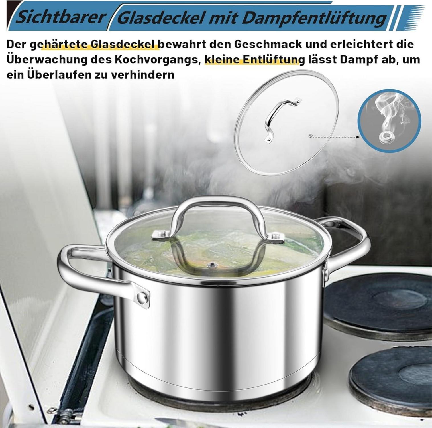 20cm Edelstahl Kochtopf Nudeltopf Induktion 3-Lagen Boden 3,8L mit Glasdeckel