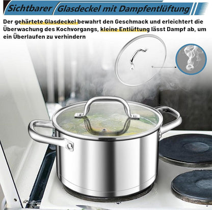 20cm Edelstahl Kochtopf Nudeltopf Induktion 3-Lagen Boden 3,8L mit Glasdeckel