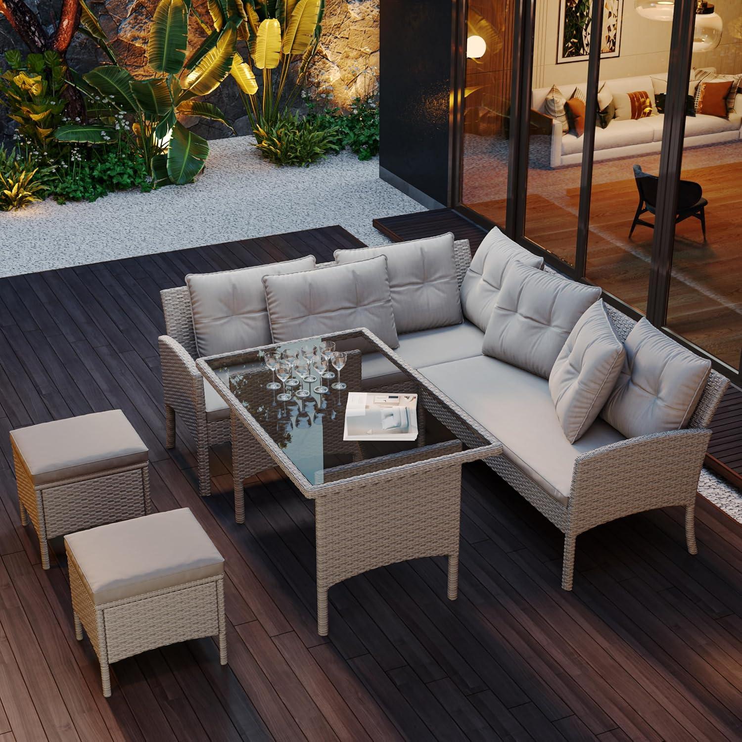 Gartenmöbel Set Poly Rattan 7 Personen Sofa Tisch Hocker Outdoor