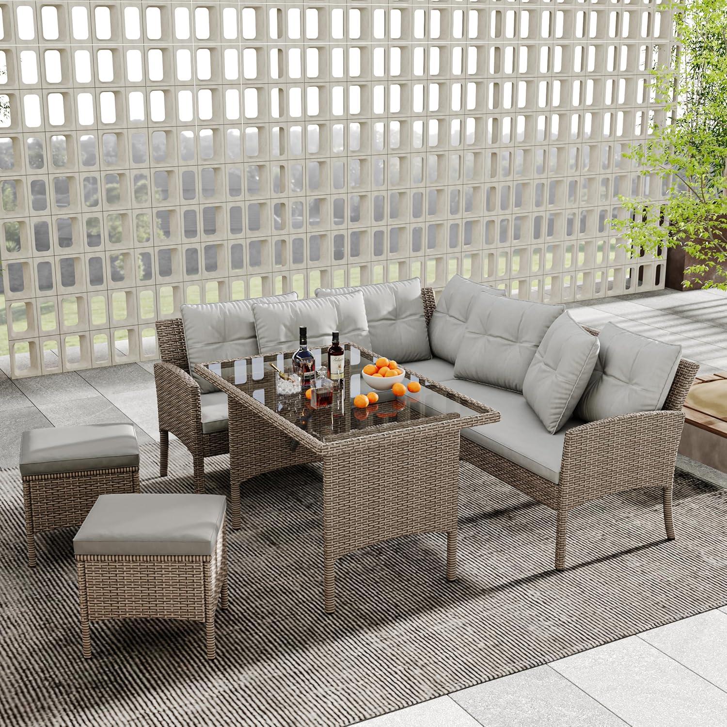 Gartenmöbel Set Poly Rattan 7 Personen Sofa Tisch Hocker Outdoor