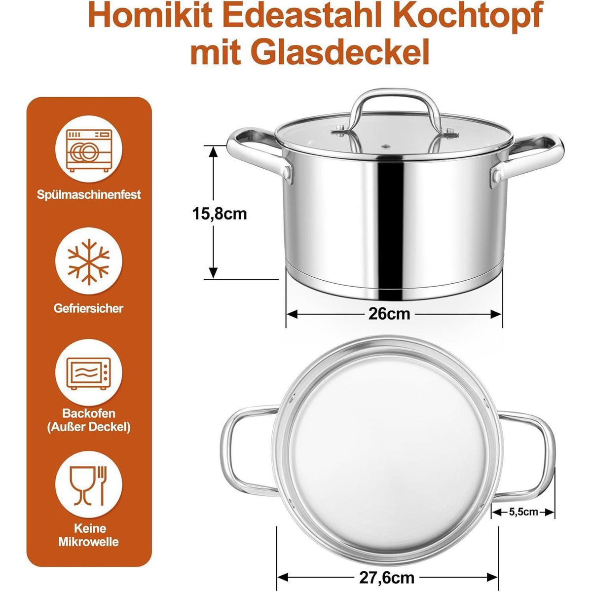 Großer Edelstahl Kochtopf 7,6L mit Glasdeckel, Induktion