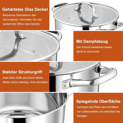 Großer Edelstahl Kochtopf 7,6L mit Glasdeckel, Induktion
