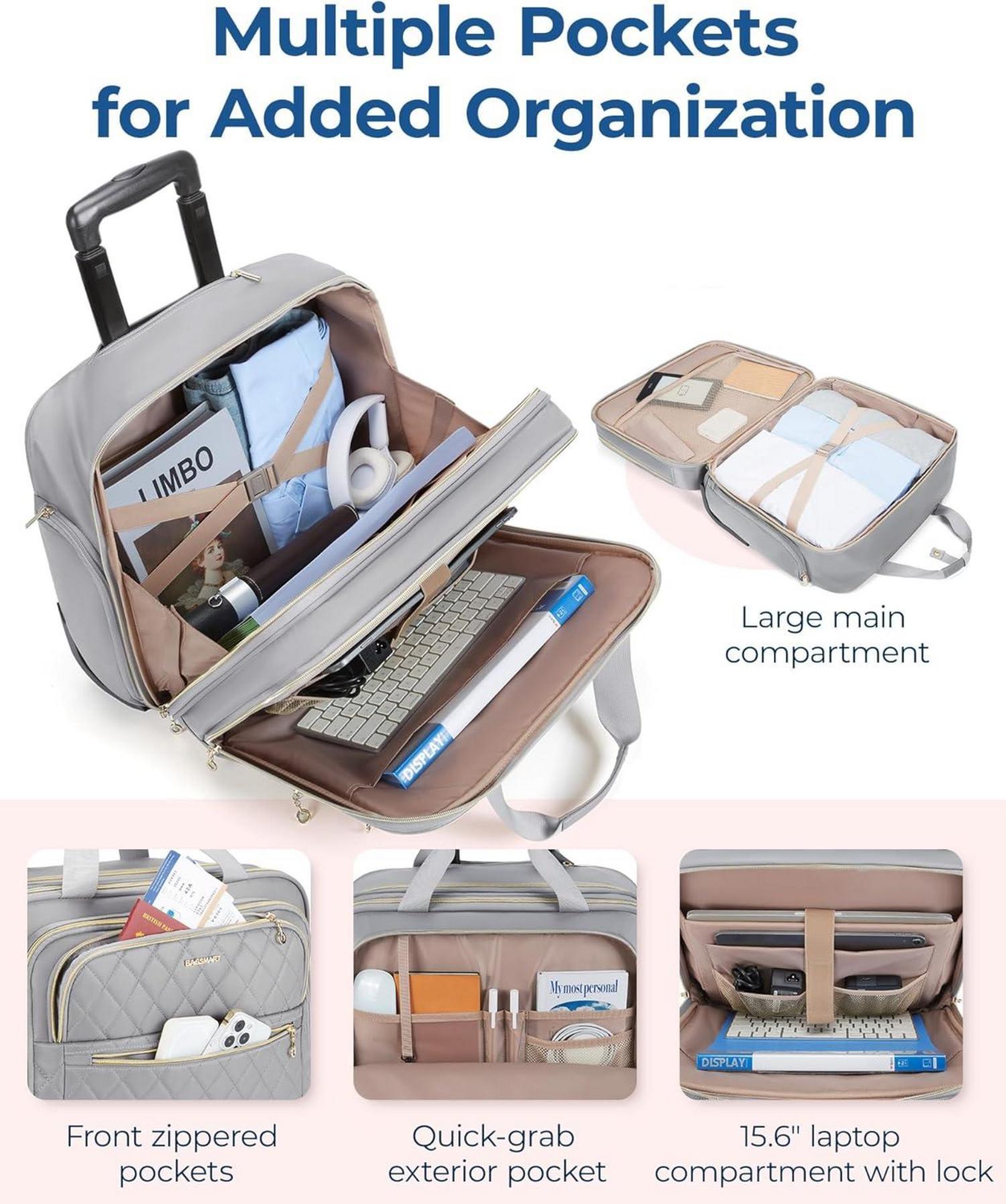 Rollbare Laptoptasche für Damen 15,6-Zoll Handgepäck mit Rollen