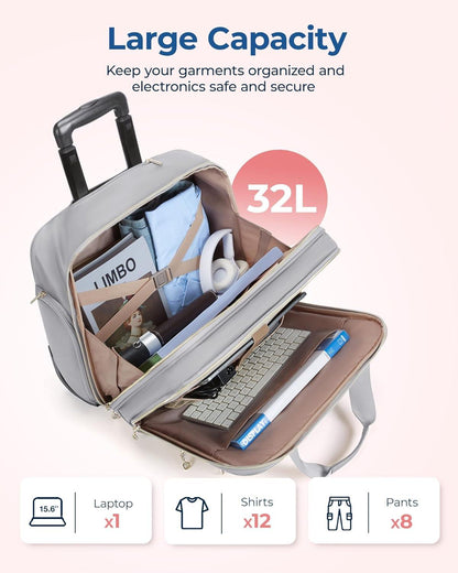 Rollbare Laptoptasche für Damen 15,6-Zoll Handgepäck mit TSA-Schloss