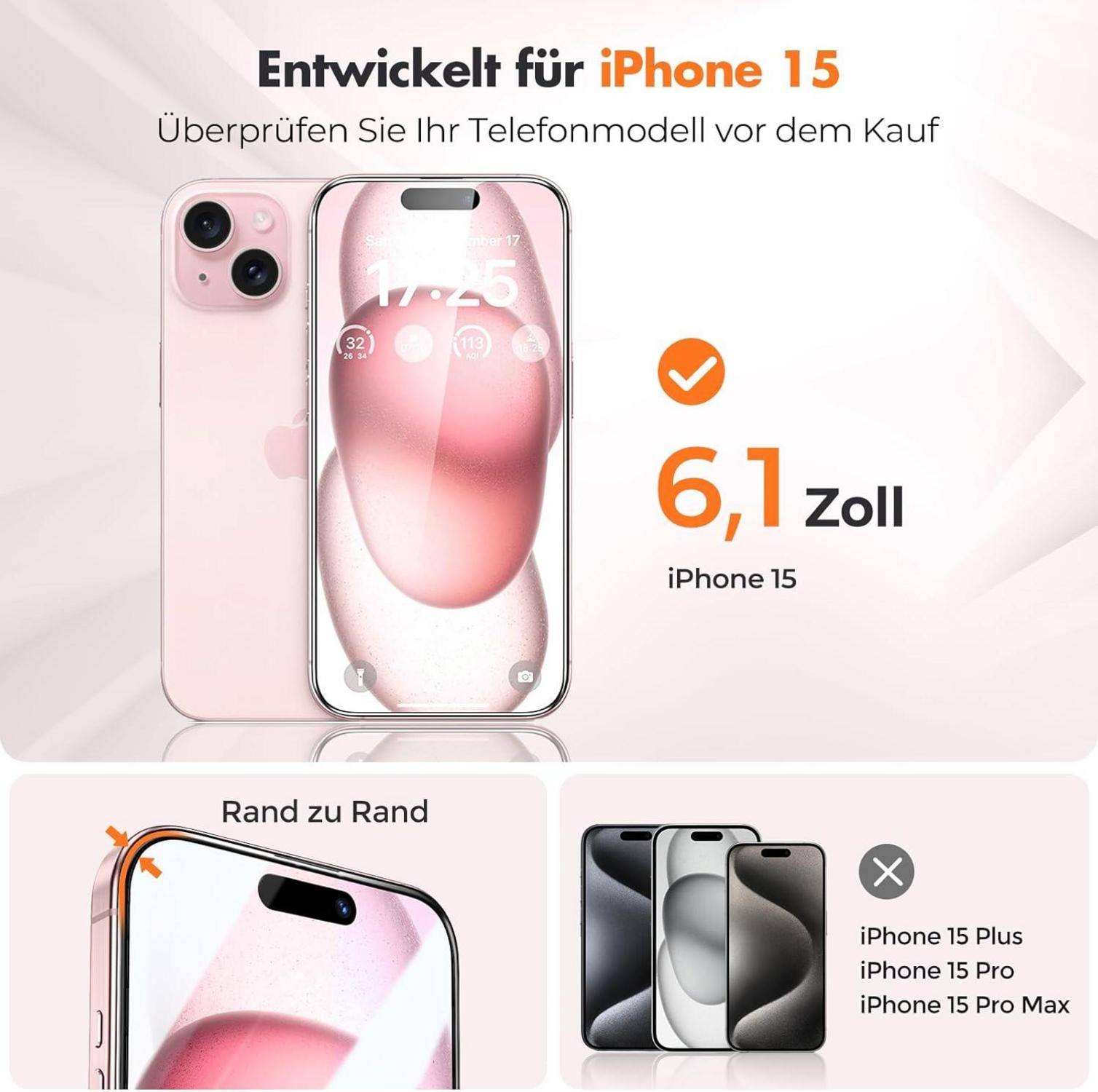 Panzer Schutz Glas iPhone 15 - 3er-Pack HD-Klar 9H-Härtegrad