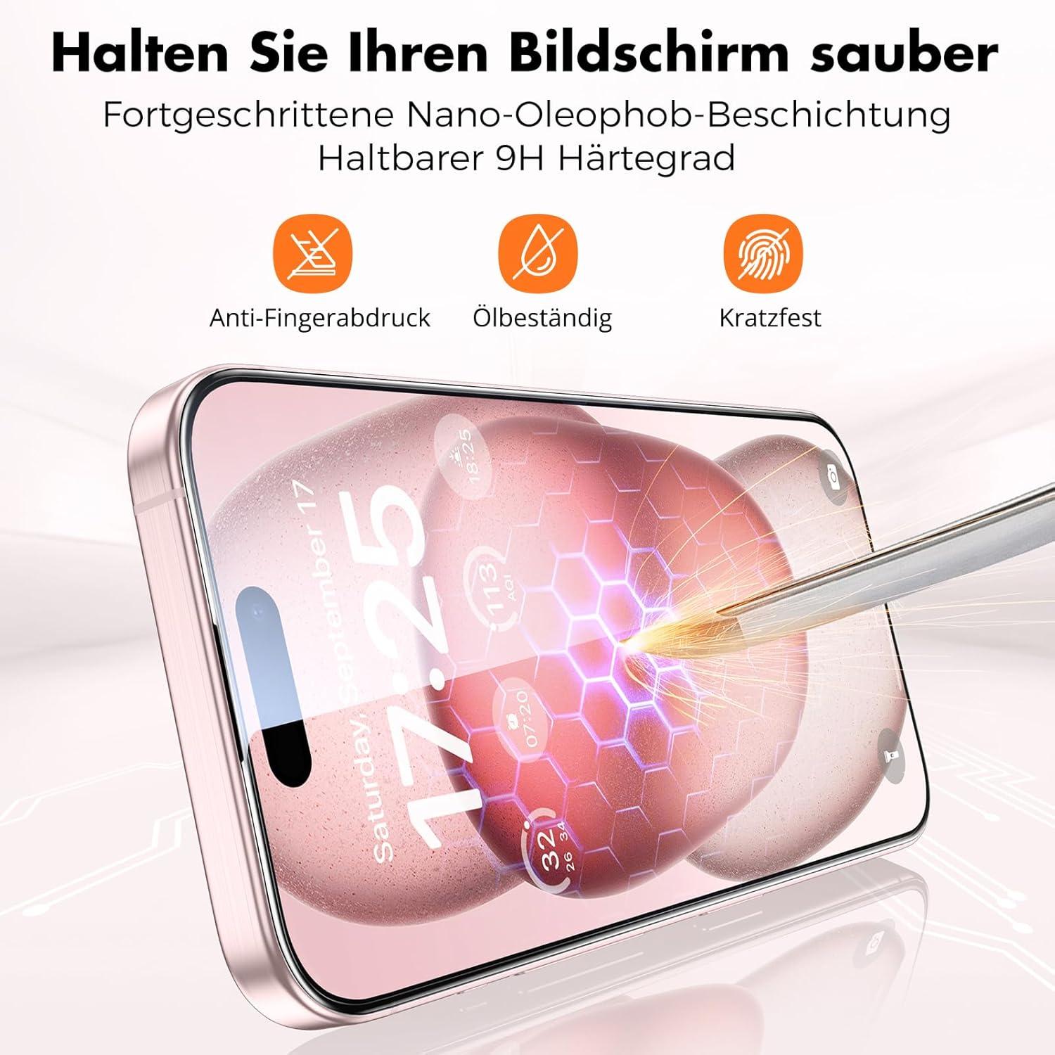 Panzer Schutz Glas für iPhone 15 [3er-Pack] Vollabdeckung HD-Klar 9H 6,1 Zoll