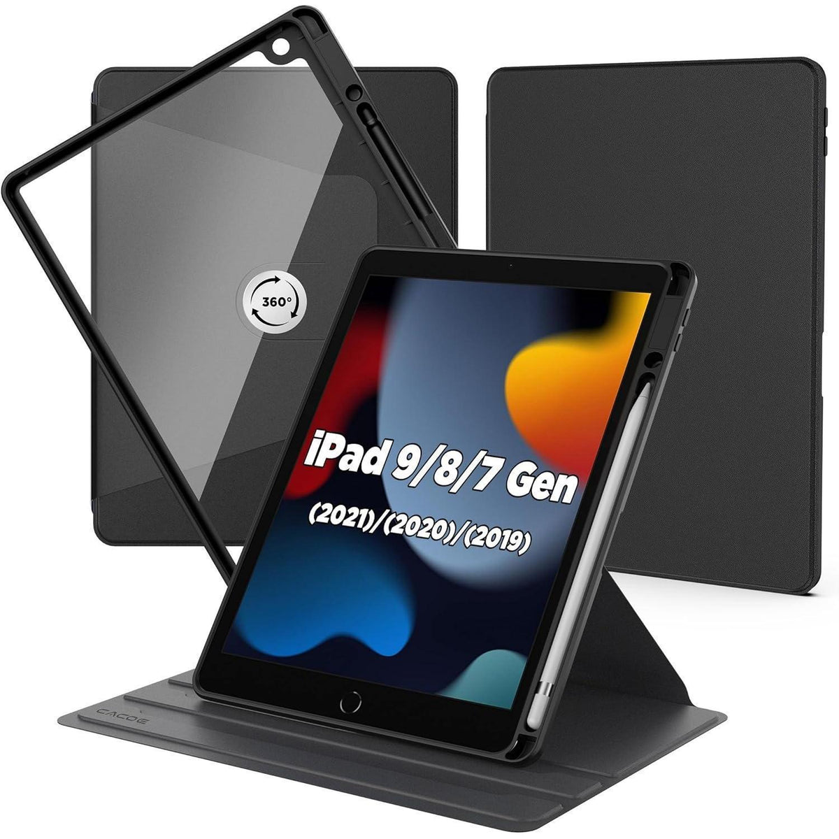Rotierende iPad Hülle 10.2 Zoll mit Stifthalter, Schwarz