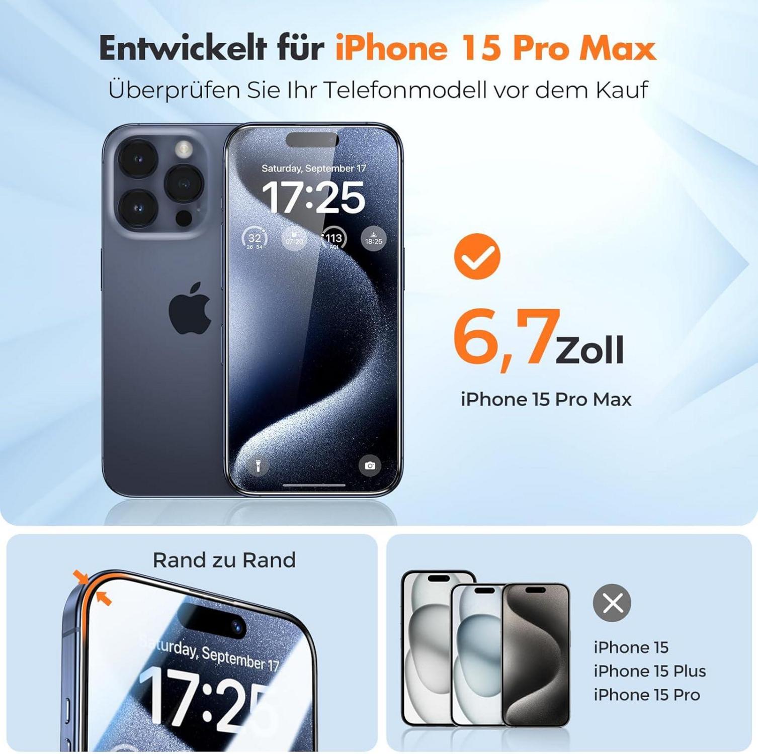 UNBREAKcable Panzer Schutz Glas iPhone 15 Pro Max 3er-Pack