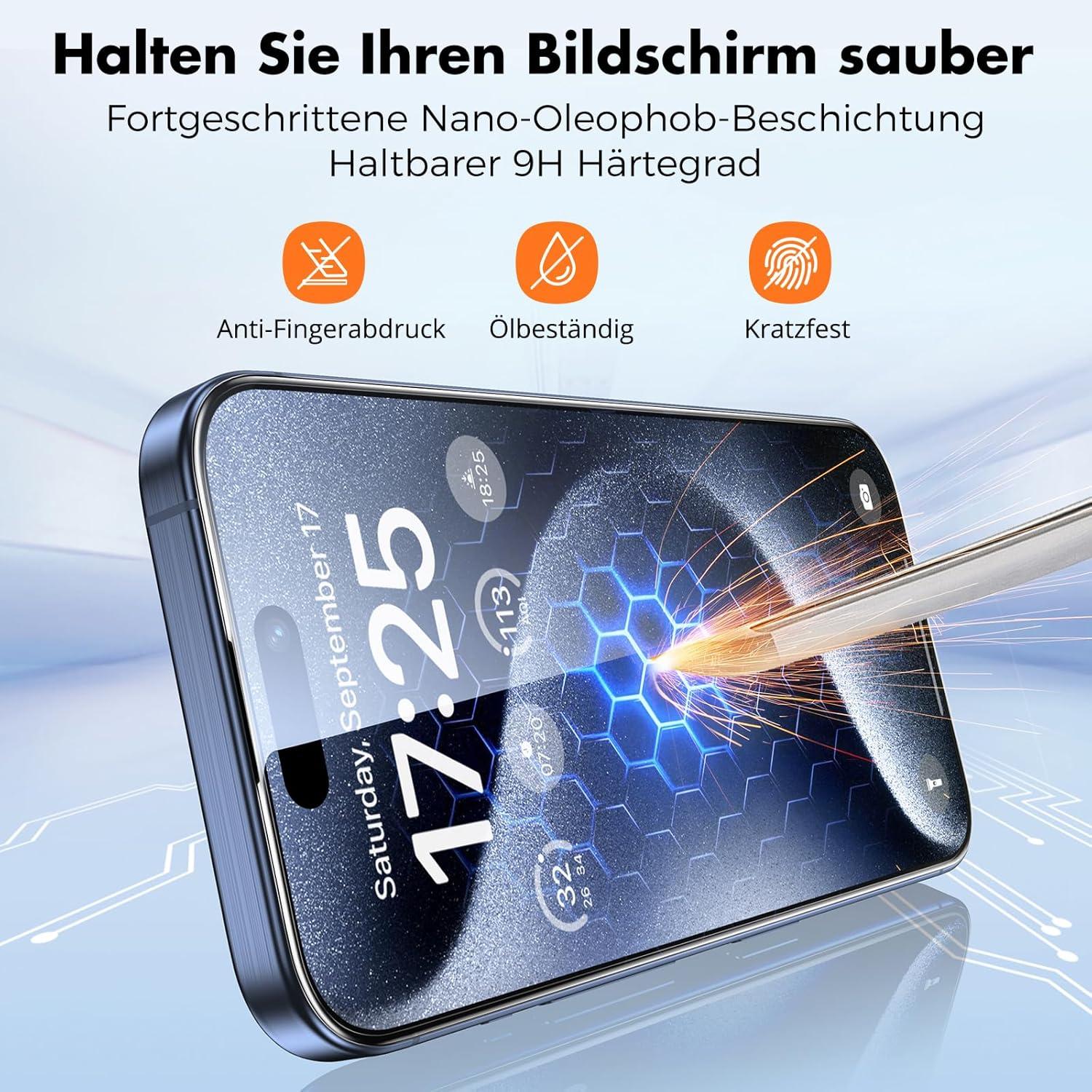 Panzer Schutzglas für iPhone 15 Pro Max, 3er-Pack 9H HD-Klar