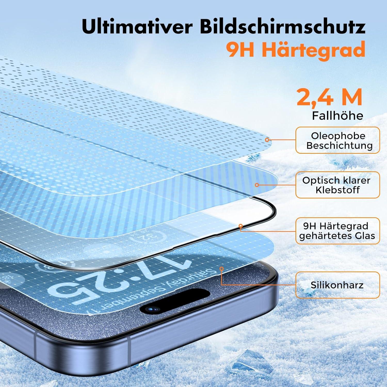 Panzer Schutz Glas iPhone 15 Pro Max [3er-Pack] 9H 100% HD