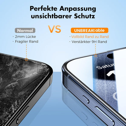 UNBREAKcable Panzer Schutz Glas iPhone 15 Pro Max 3er-Pack 99,99% HD-Klar 9H 6,7