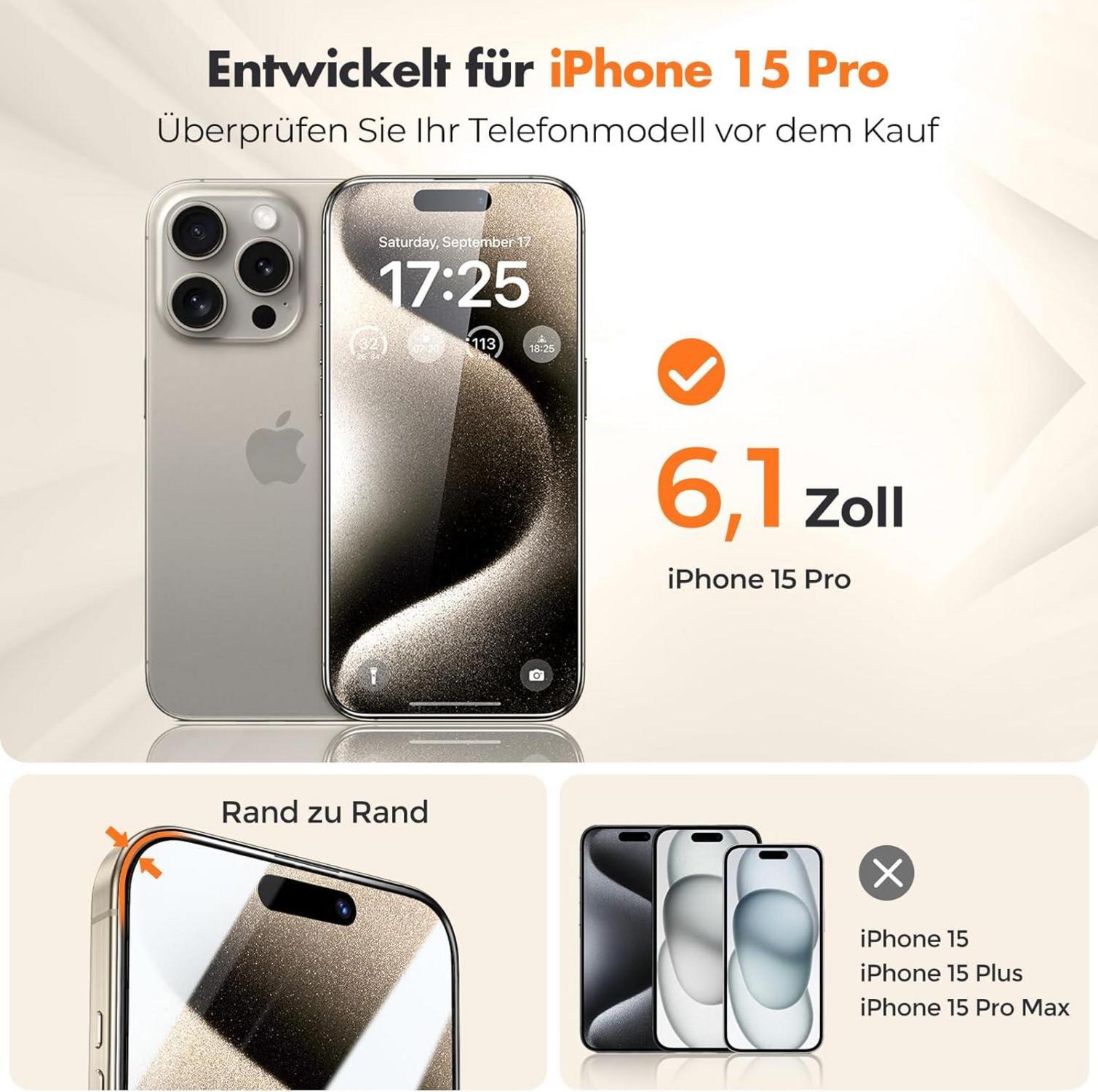Panzer Schutzglas iPhone 15 Pro 3er-Pack 99,99% HD Vollabdeckung 9H-Härtegrad