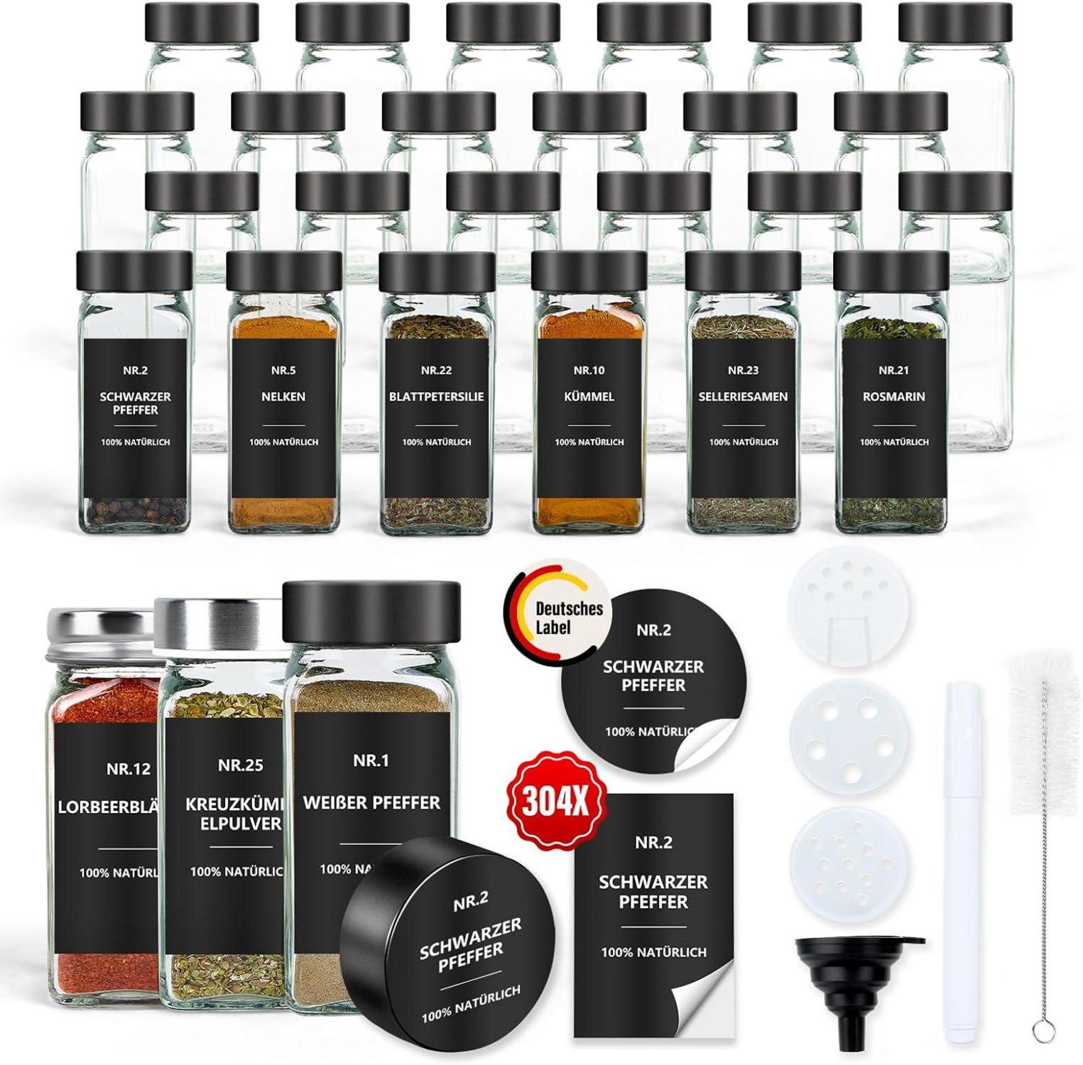 24er Set Gewürzgläser Glas 120ml mit Etiketten und Streueinsatz