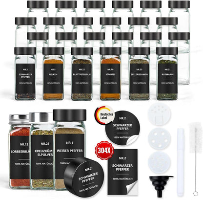 24er Set Gewürzgläser Glas 120ml mit Etiketten und Streueinsatz