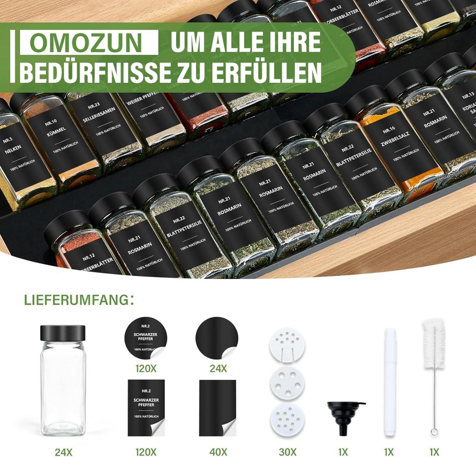 24er Set Gewürzgläser Eckig 120ml mit Etiketten - Schwarz