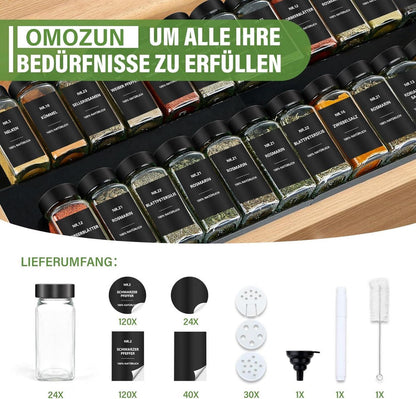 24er Set Gewürzgläser Eckig 120ml mit Etiketten - Schwarz