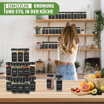 24er Gewürzgläser Set 120ml mit Etiketten - Aufbewahrung Küche Schwarz