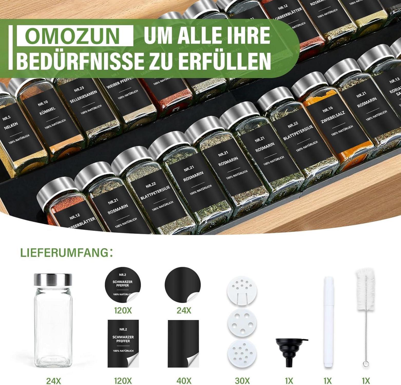 24er Set Gewürzgläser Eckig mit Etiketten und Streueinsatz
