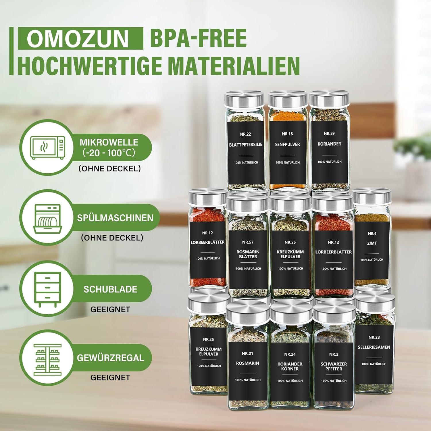 24er Set Gewürzgläser Eckig mit Etiketten - 120ml Glas Streueinsatz