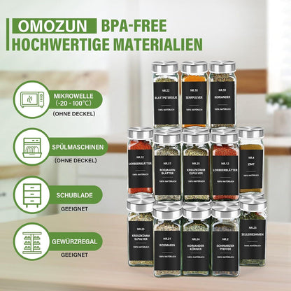 24er Set Gewürzgläser Eckig mit Etiketten - 120ml Glas Streueinsatz