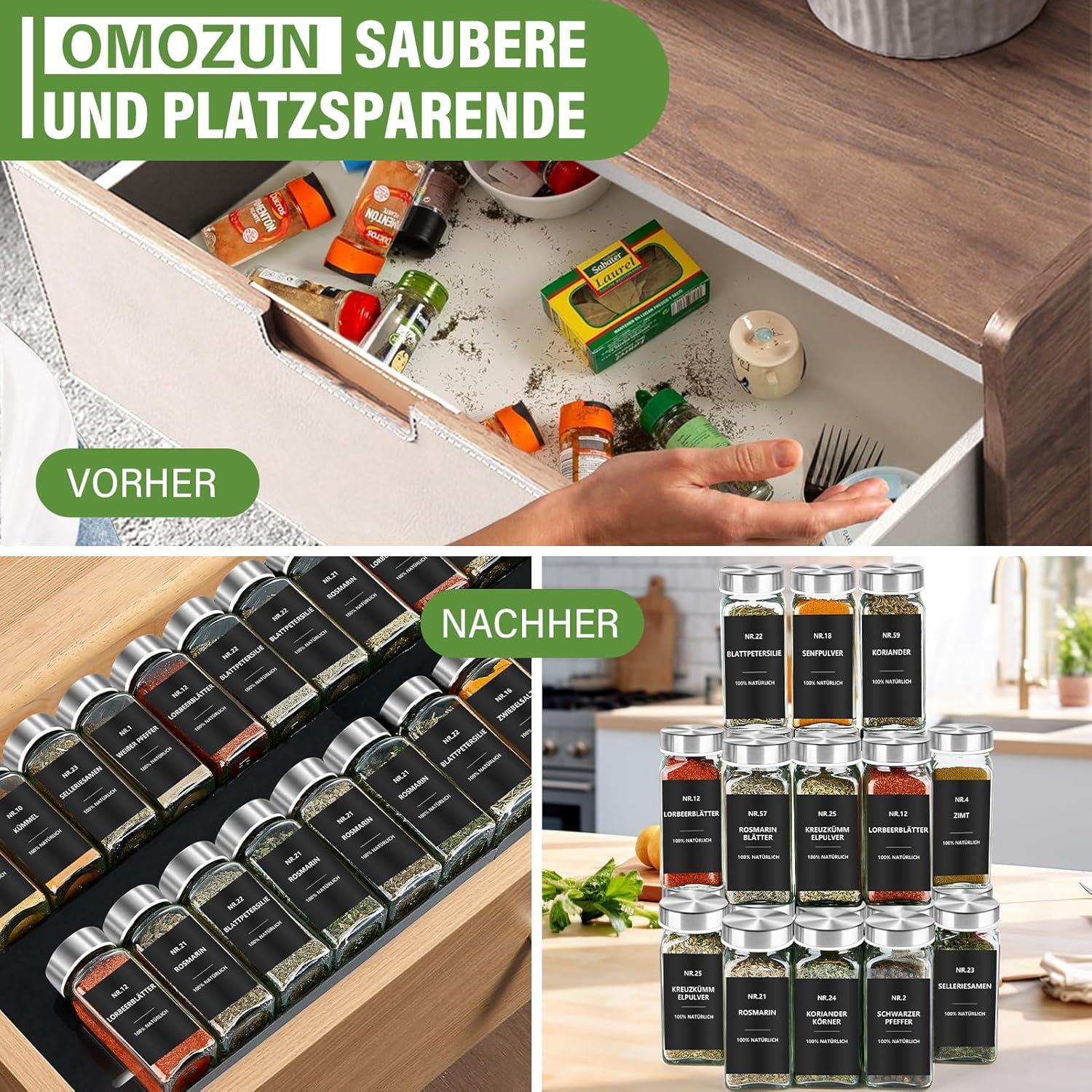 Gewürzgläser Set 24er: Eckige Gewürzdosen Glas mit Etiketten und Streueinsatz, 120ml, Aufbewahrung Küche