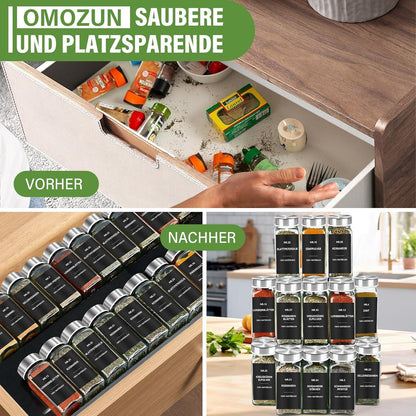 Gewürzgläser Set 24er: Eckige Gewürzdosen Glas mit Etiketten und Streueinsatz, 120ml, Aufbewahrung Küche