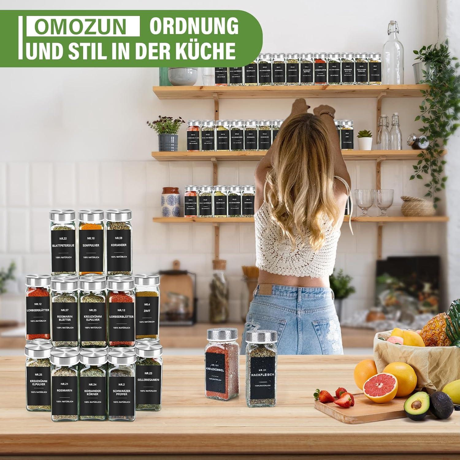 24er Set Gewürzgläser Eckig 120ml mit Etiketten und Streueinsatz