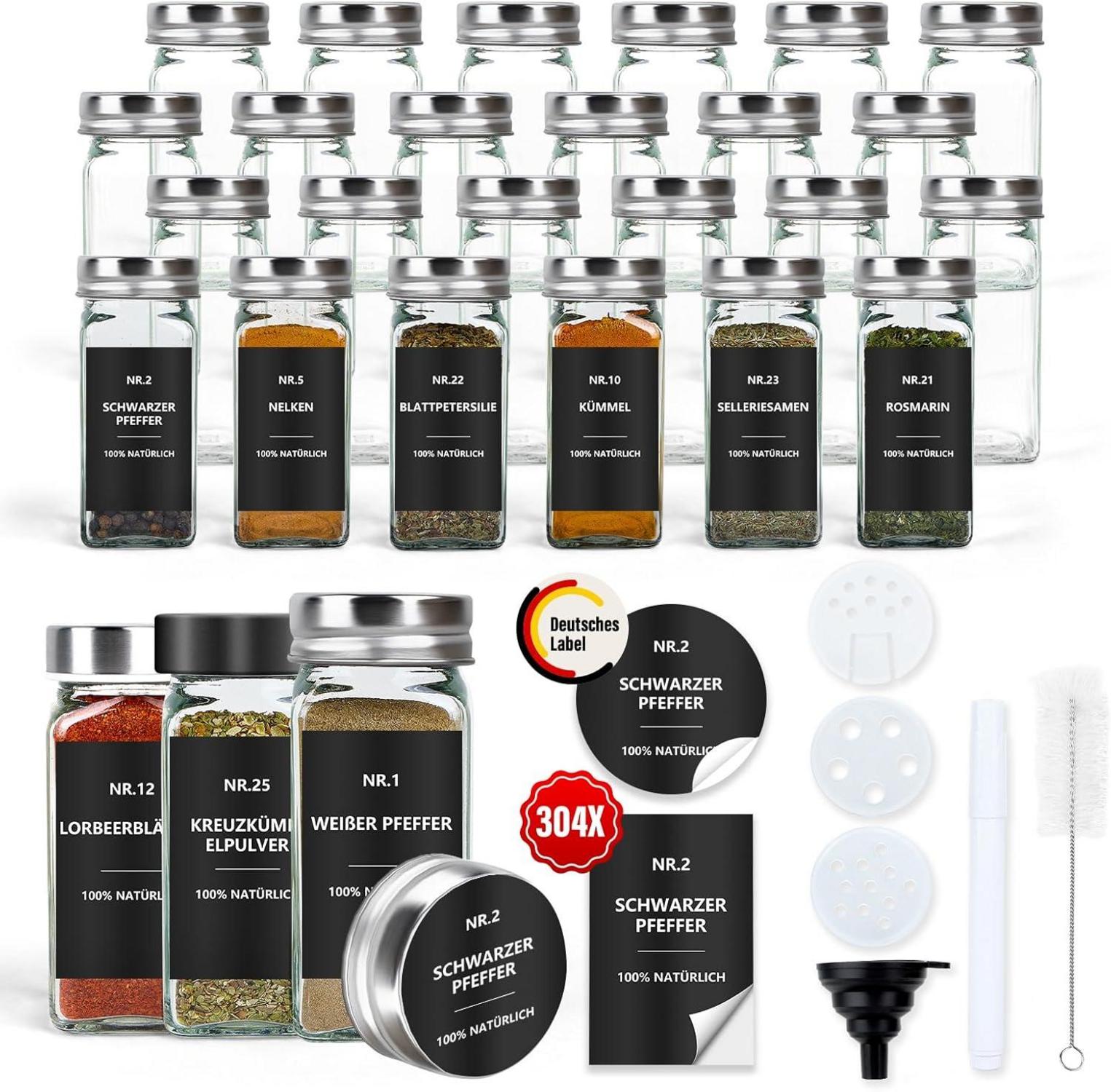 24er Set Gewürzgläser aus Glas mit Streueinsatz und Etiketten