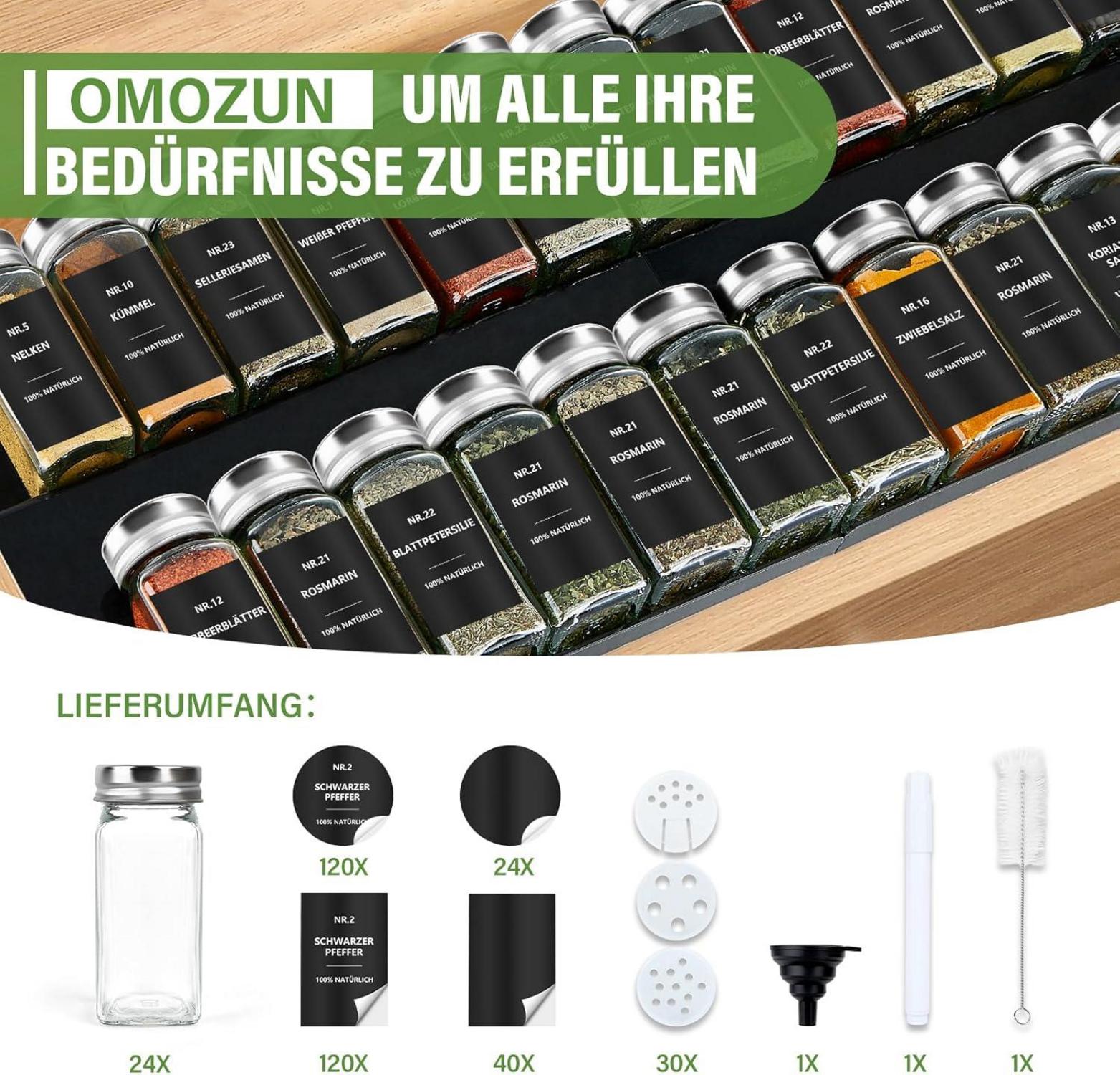 24er Gewürzgläser Set 120ml mit Etiketten, Streueinsatz