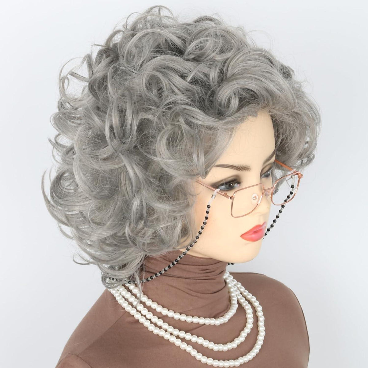 Oma Perücken Set mit Brille & Perlenkette - Grau
