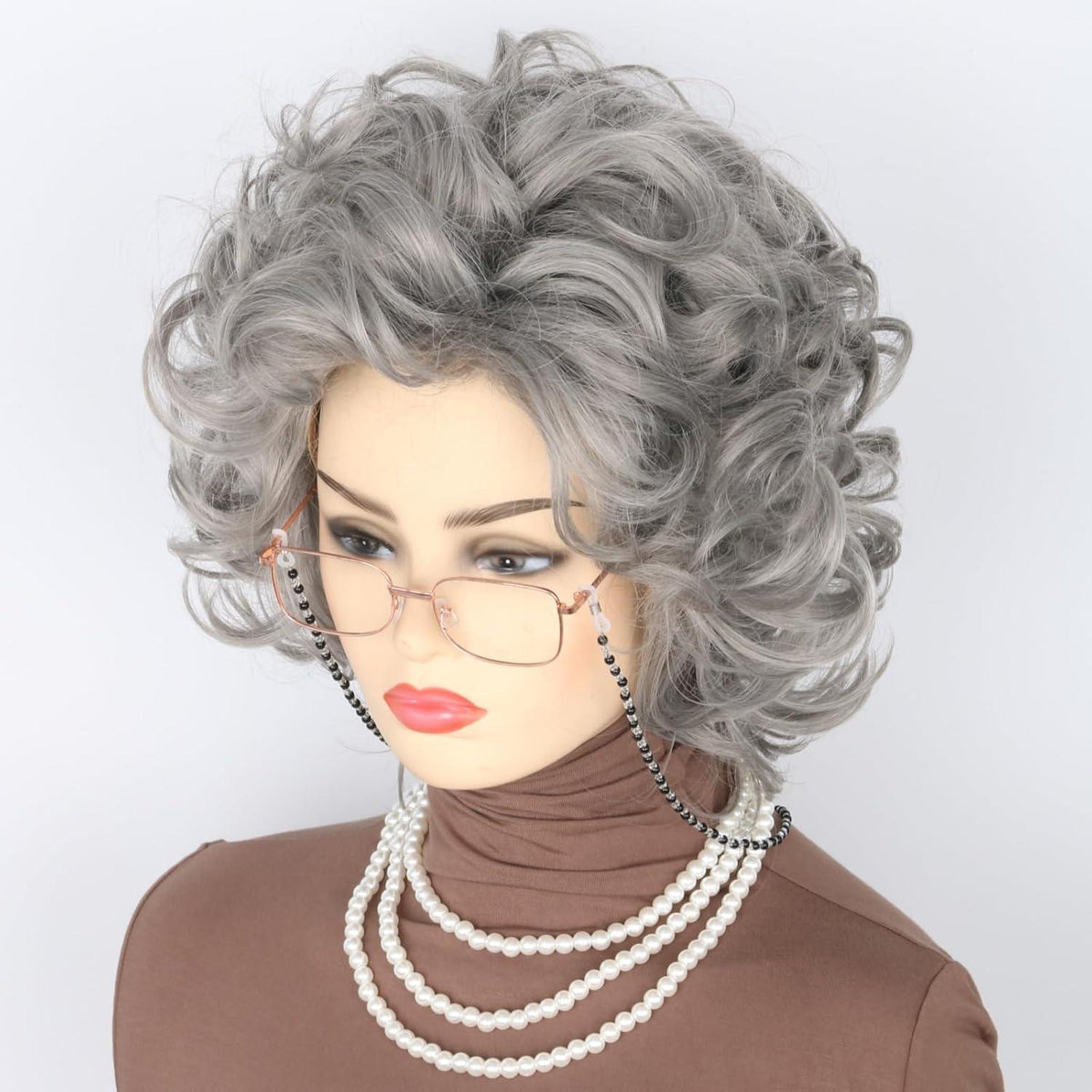 Oma Perücken Set mit Brille & Perlenkette - Grau