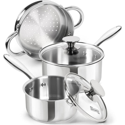 5-teiliges Edelstahl Kochtopf-Set mit Dampfgarer