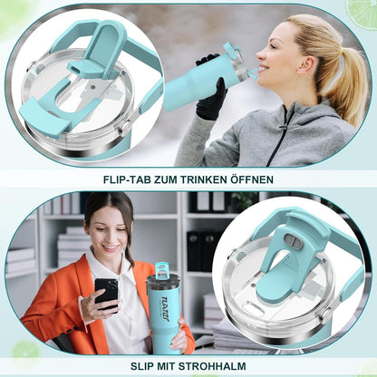 Kaffeebecher to Go, 30 oz Trinkflasche mit Strohhalm, Edelstahl Vakuum
