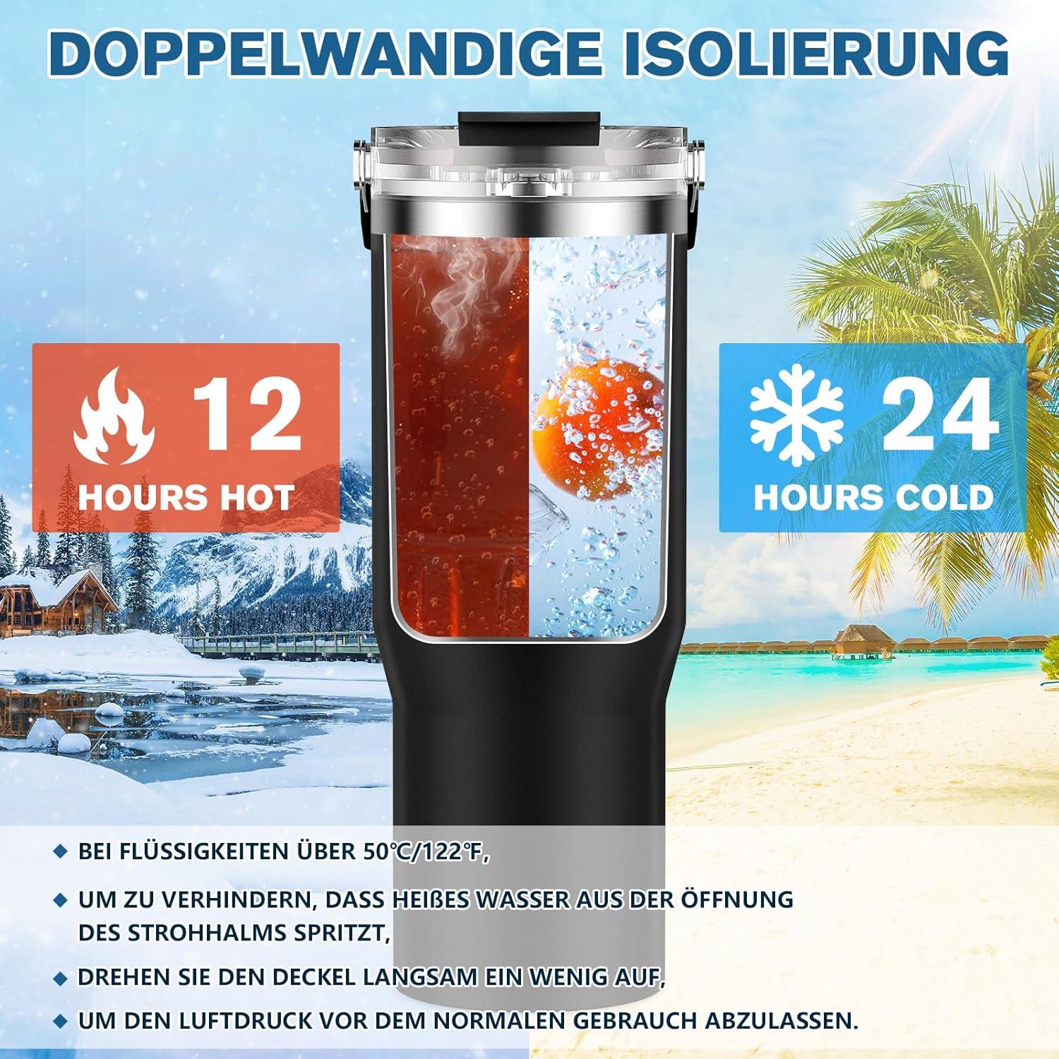 Doppelwandiger Edelstahl Vakuum Trinkflasche mit Strohhalm 900ml