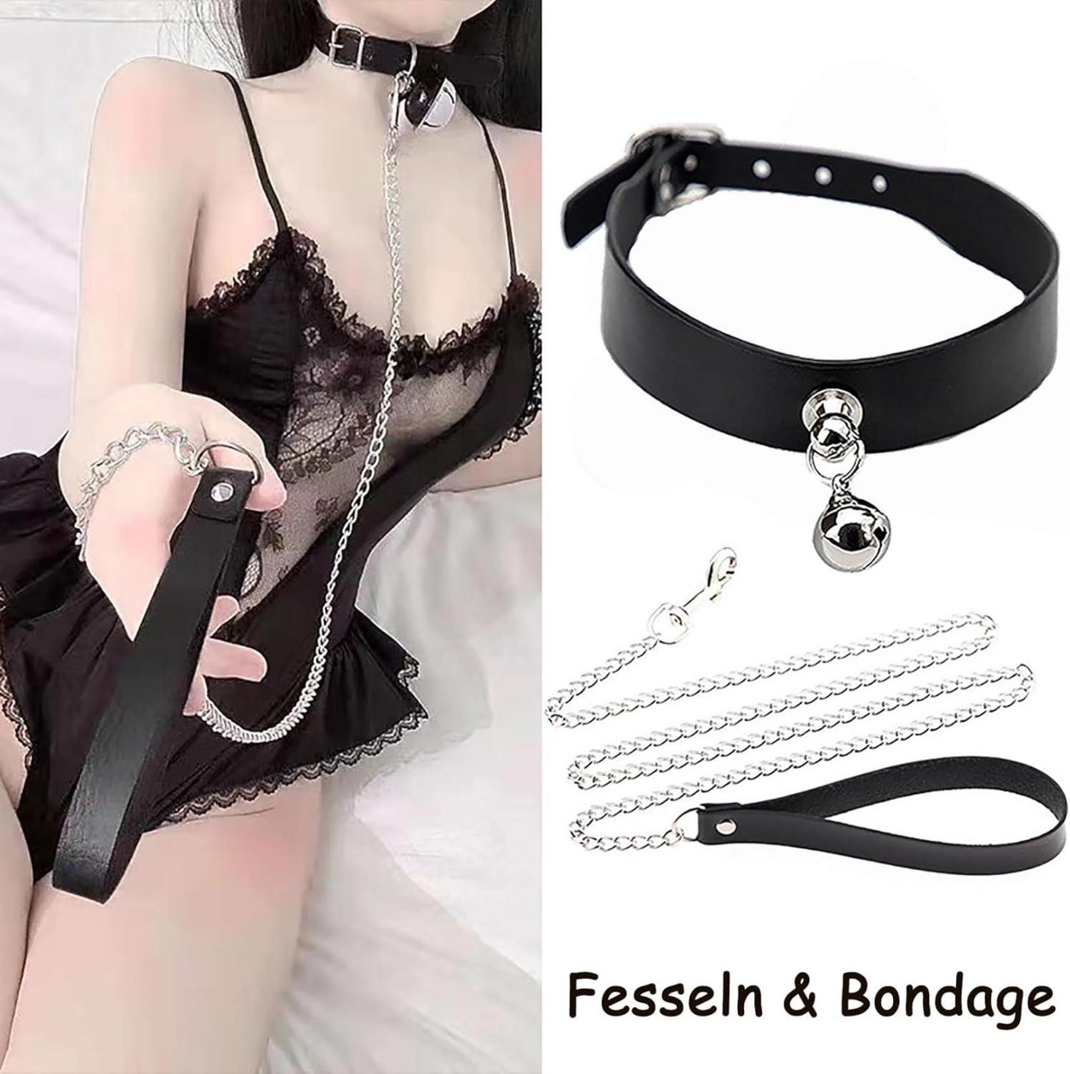 TUYMNI Lederhalsband Choker mit Glocke und Zugkette Schwarz