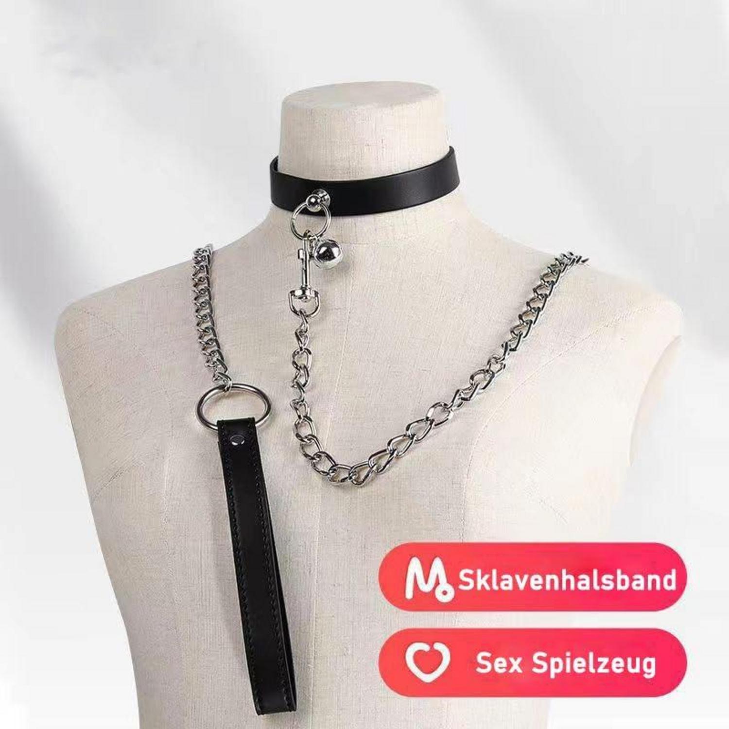 Lederhalsband Choker mit Glocke und Zugkette, Abnehmbar, Verstellbar, Schwarz